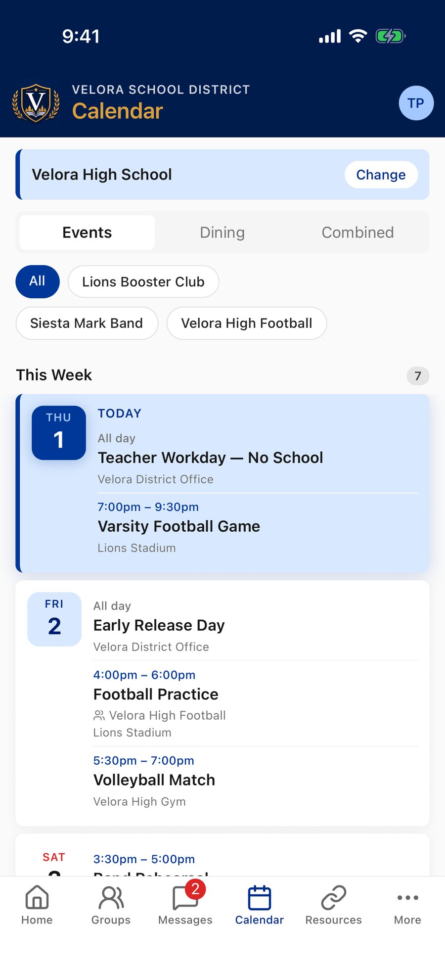 The Calendar tab on the Events view: the Events / Dining / Combined toggle, group filter chips (All, Lions Booster Club, Siesta Mark Band, Velora High Football), and This Week's events — today highlighted, and a football practice labeled with its group.