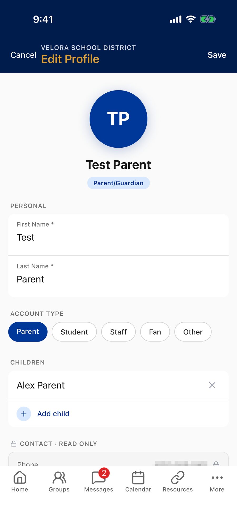 The Edit Profile screen with first and last name fields, Account Type chips, a Children section with Add child, and the read-only contact section.