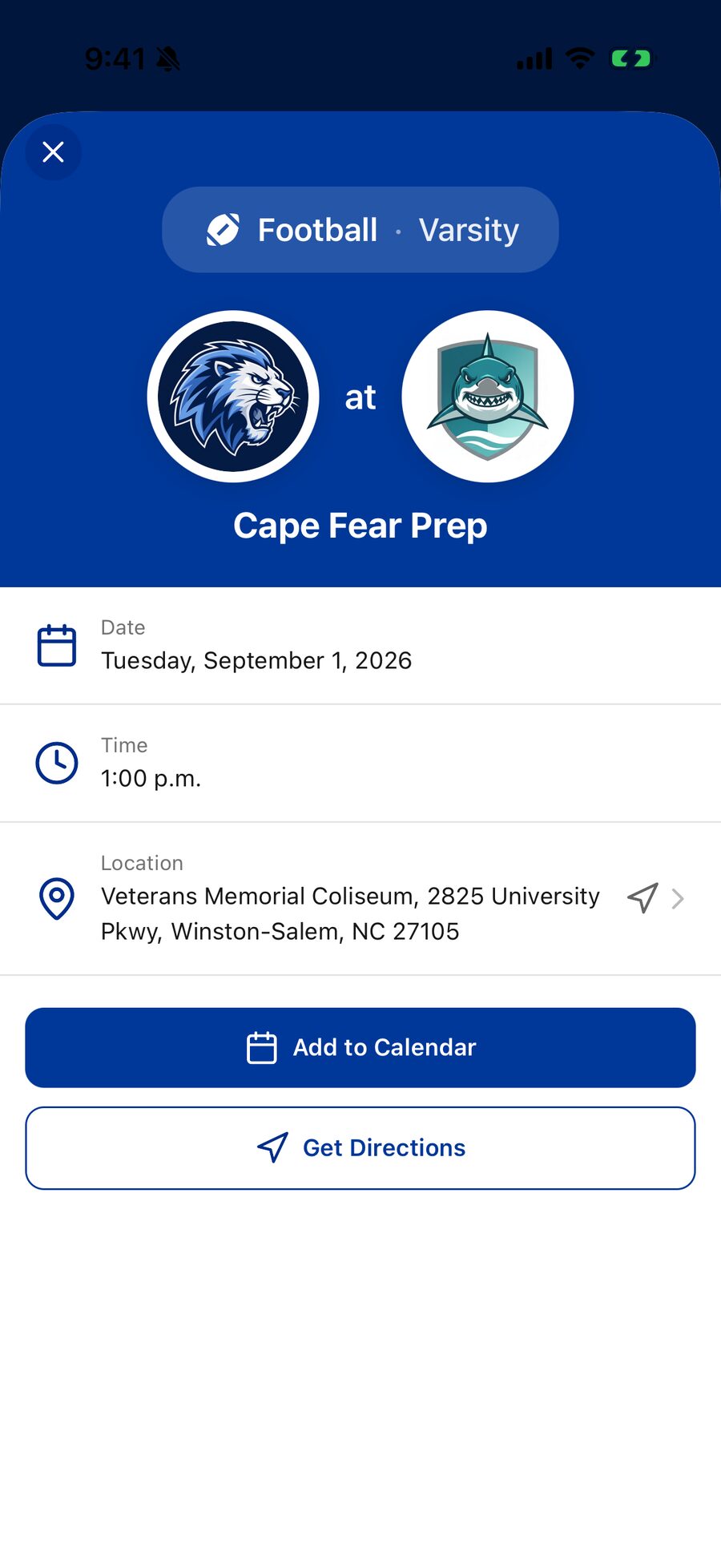 An away football game's detail screen with team crests, date, time, venue address, and Add to Calendar and Get Directions buttons.