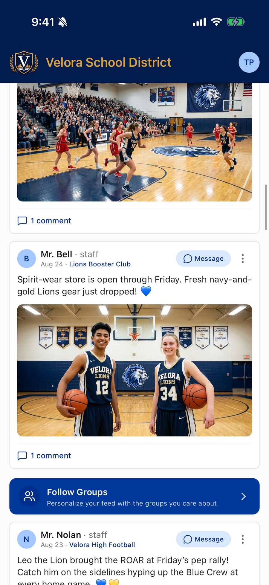 My Feed on the Home tab: photo posts from followed groups, each with the author's name, group, a comment link, and a Message button.