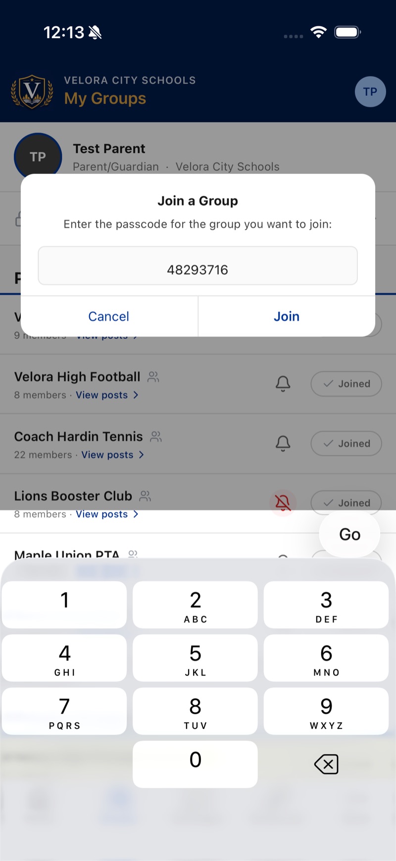 The Join a Group passcode window with a passcode typed in and Cancel and Join buttons.