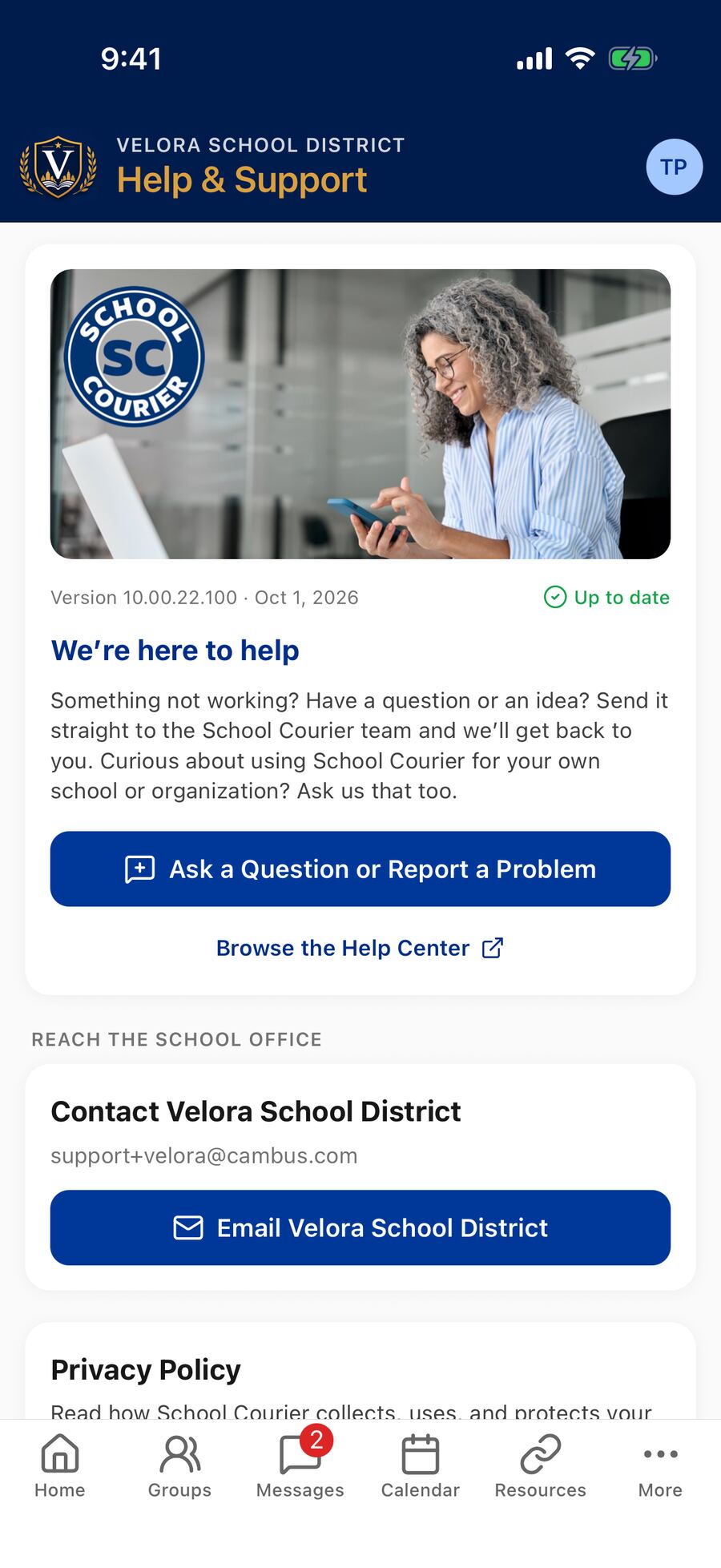 The Help & Support screen with the app version, date, and a green Up to date under the header picture — when an update is waiting, a Restart to update button appears there instead.