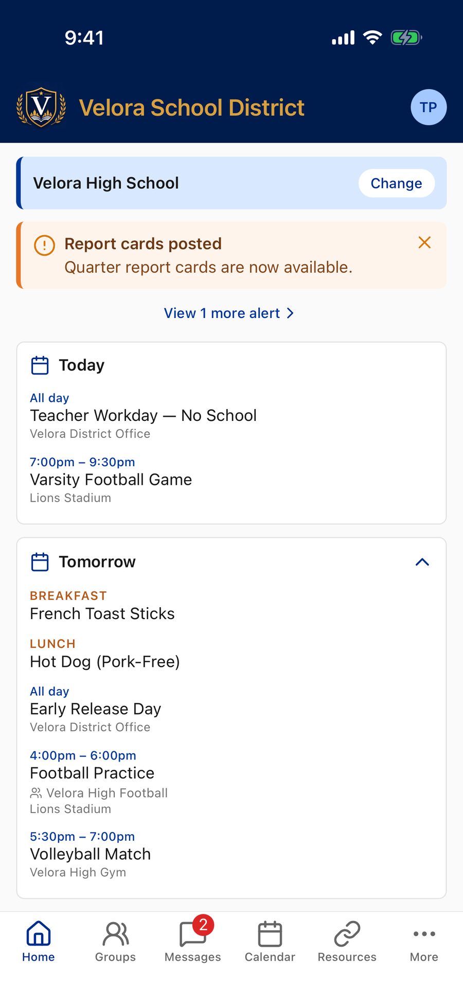 The Today and Tomorrow cards on Home, with Breakfast and Lunch menu lines shown above the day's events.