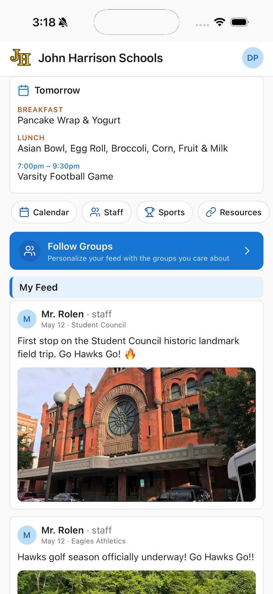 Home screen with the Tomorrow card (breakfast, lunch, and an event), quick links, the Follow Groups button, and school posts in My Feed.