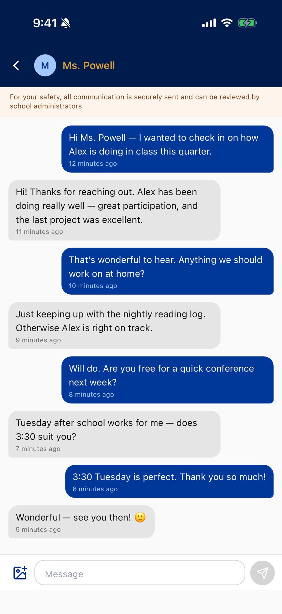 A conversation with a teacher: message bubbles with timestamps, a safety notice that conversations can be reviewed by school administrators, and the photo button beside the message box.