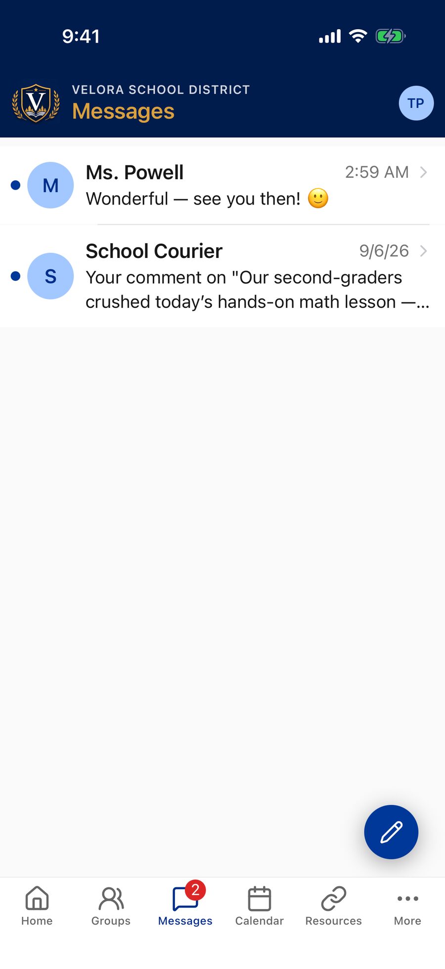 The Messages inbox listing a conversation with a teacher and one from School Courier, with the pencil button for starting a new message.