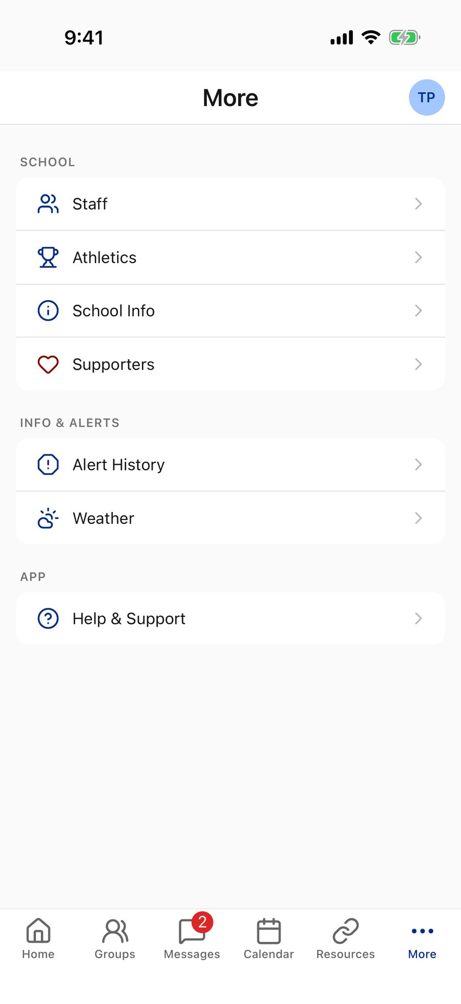 The More menu with School, Info & Alerts, and App sections: Staff, Athletics, School Info, Supporters, Alert History, Weather, and Help & Support.