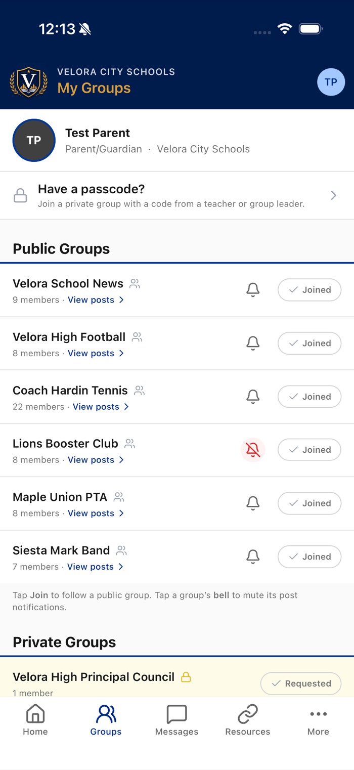 My Groups screen with Public and Private sections. Each followed group shows a bell next to its Joined button; Lions Booster Club's bell is red and crossed out, meaning it is muted.