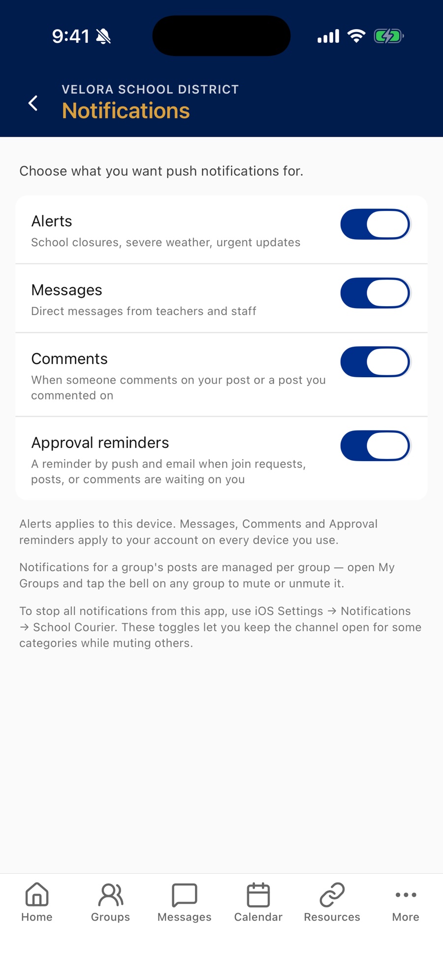 The Notifications settings screen as a group leader sees it: Alerts, Messages, Comments, and a fourth Approval reminders switch, all turned on.