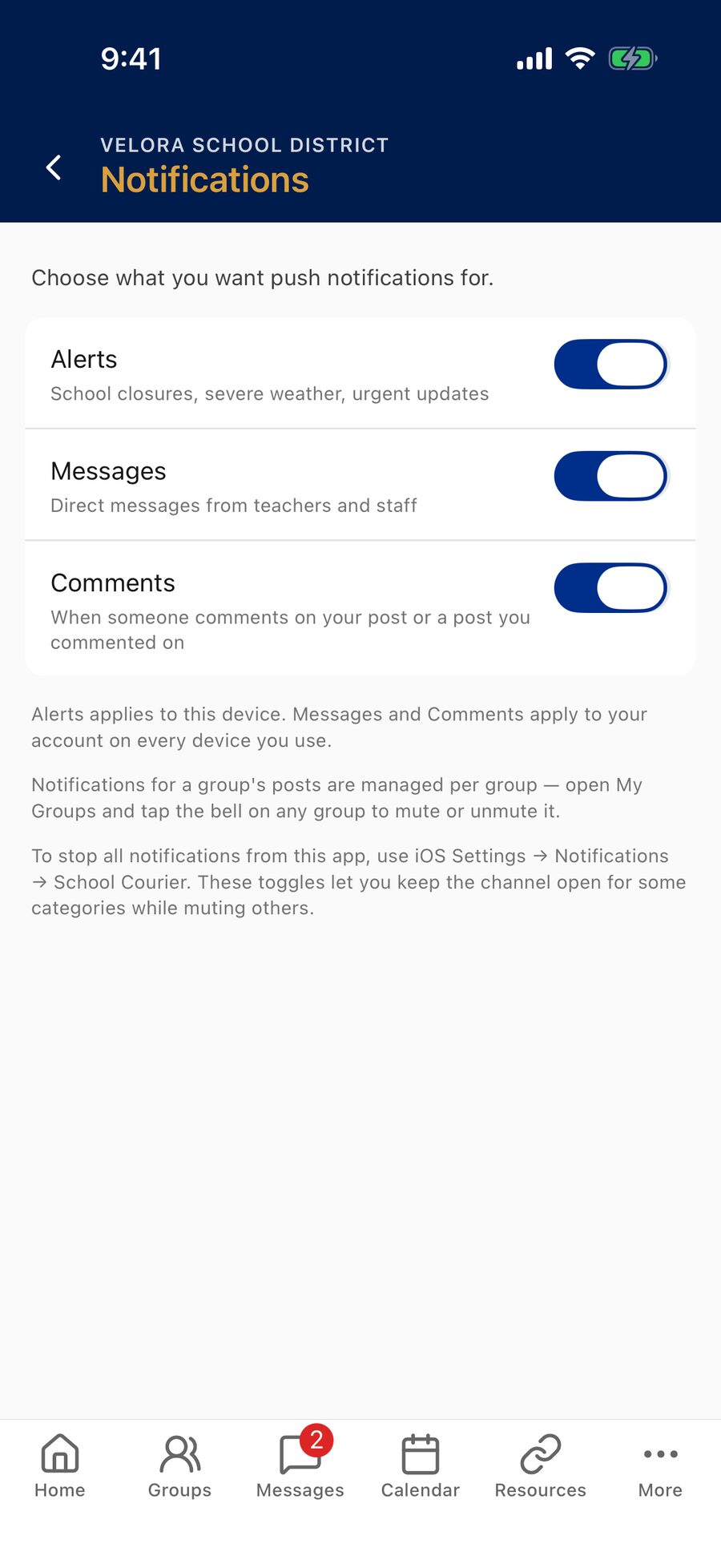 The Notifications settings screen with Alerts, Messages, and Comments switches all turned on.