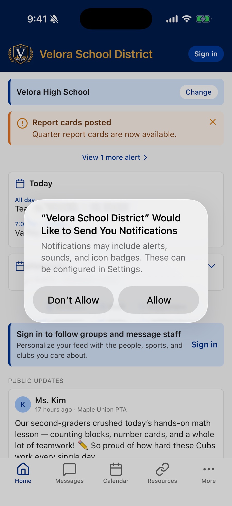 The iPhone permission message over the Home screen: Velora School District Would Like to Send You Notifications, with Don't Allow and Allow buttons.