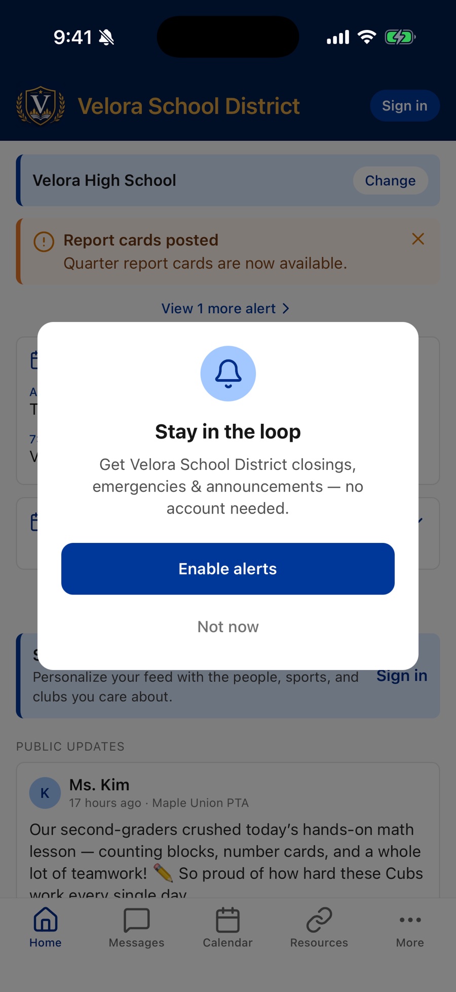 The Stay in the loop card over the Home screen, offering Enable alerts and Not now buttons.