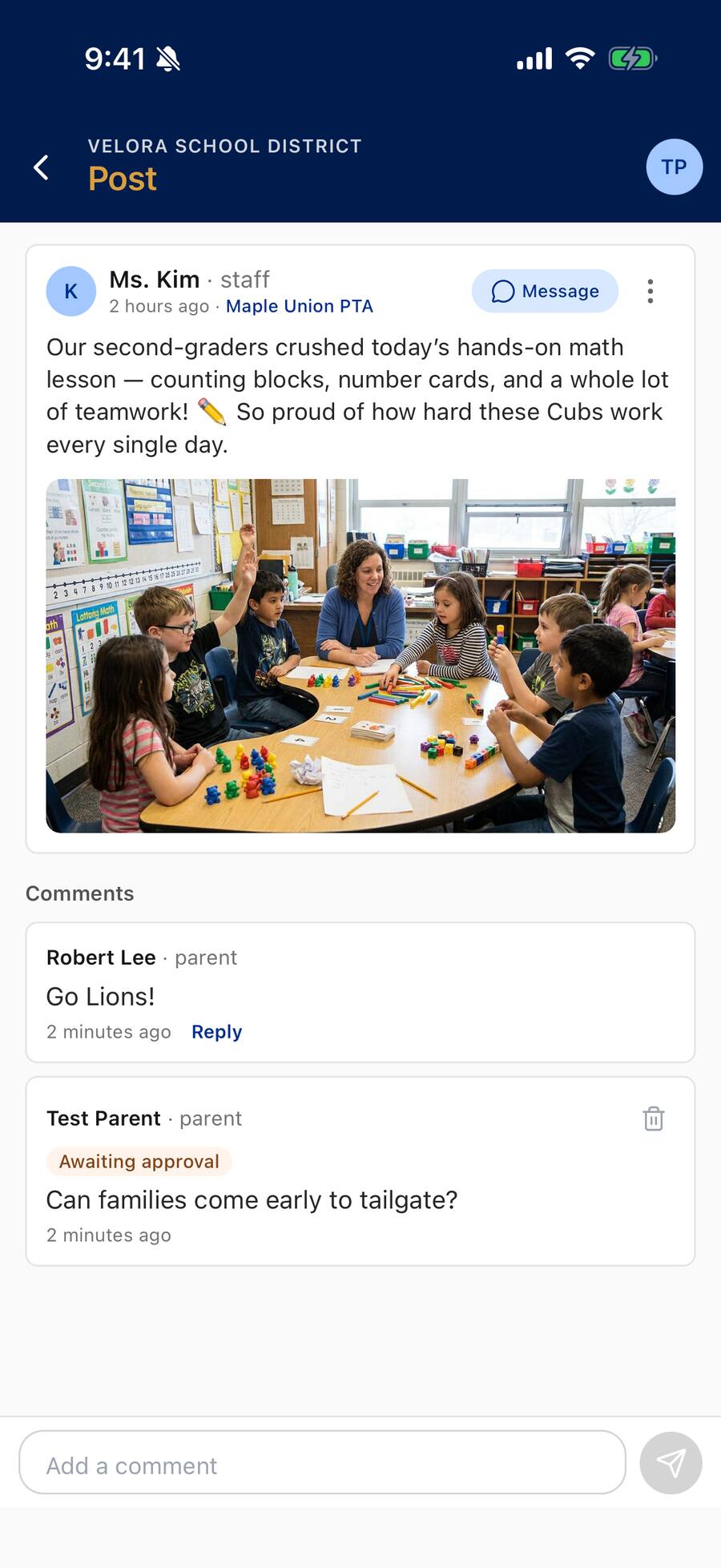 A post opened to its Comments: one comment with a Reply link, another marked Awaiting approval, and the Add a comment box below.