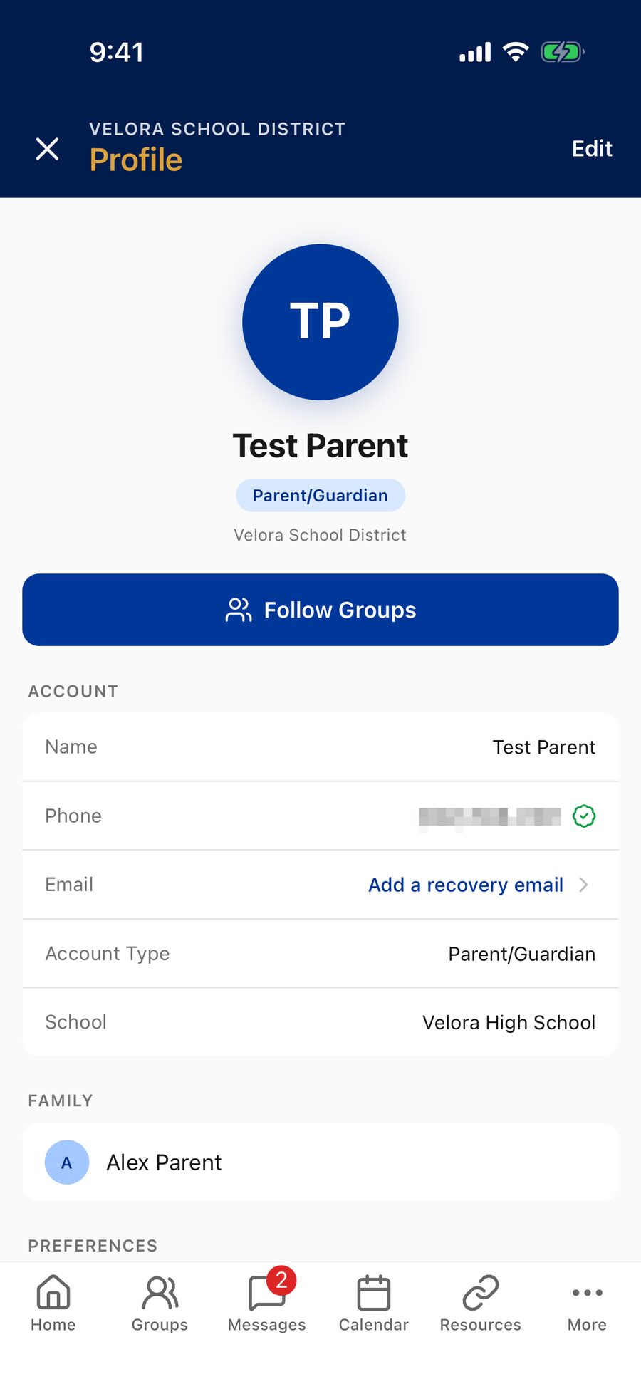 The Profile screen with the avatar and name, a Follow Groups button, and Account rows for name, verified phone, an Add a recovery email link, account type, and school, with a Family section below.