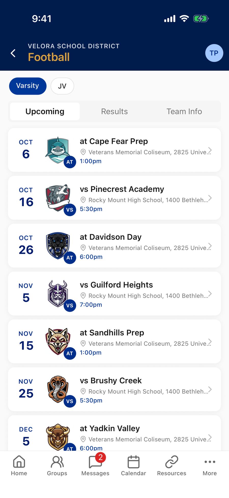 The Football page with Varsity and JV level chips, Upcoming / Results / Team Info tabs, and a schedule of games with opponent crests, venues, and times.