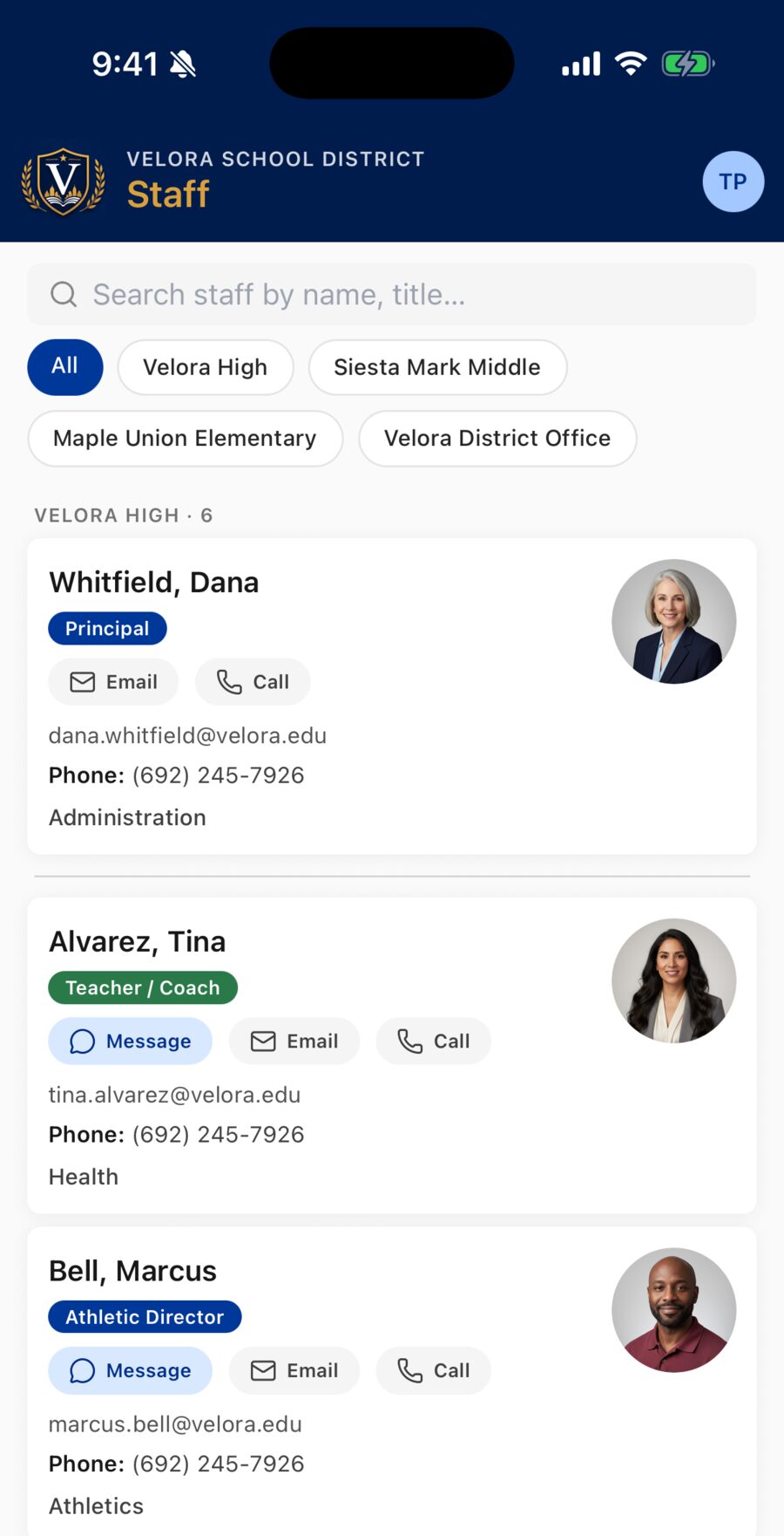 The Staff directory with a search box, filter chips for each school in the district, and staff cards with photos, titles, and a row of Message, Email, and Call buttons under each name — the principal pinned at the top.