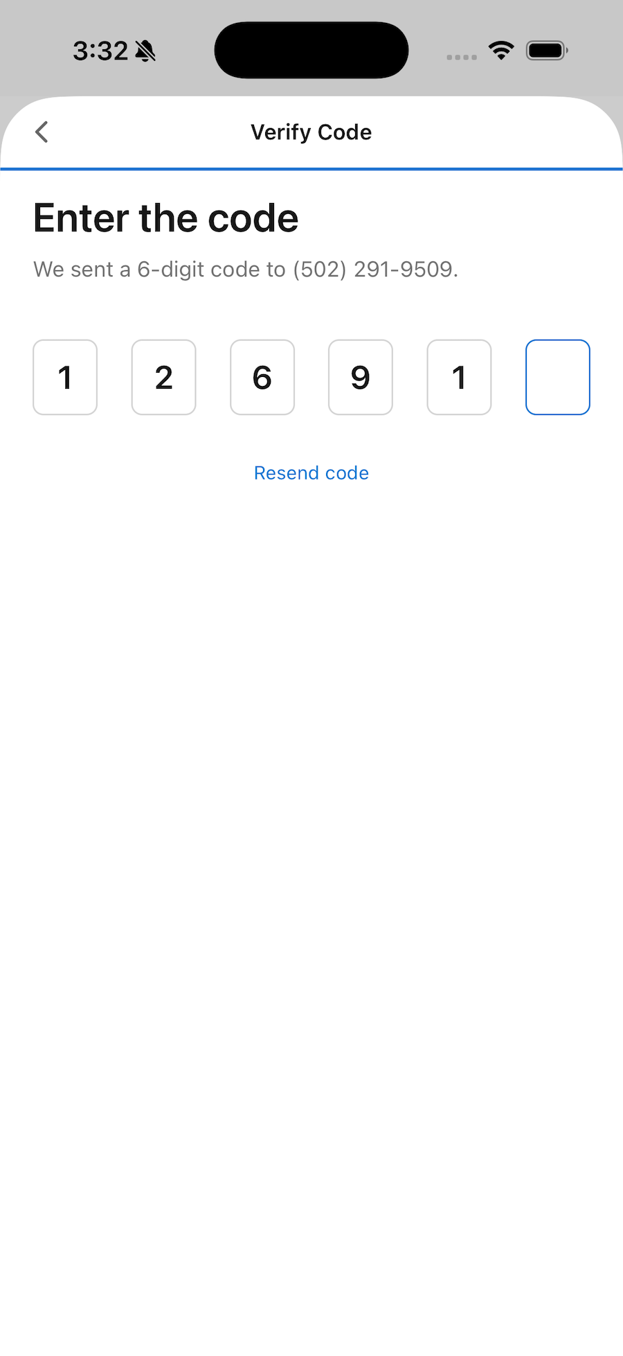 Verify Code screen: Enter the code, with six digit boxes for the code we texted and a Resend code link.